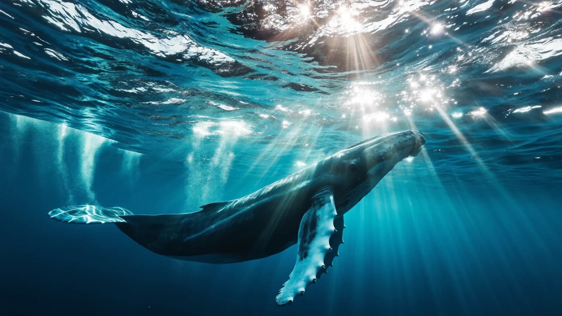 Una ballena majestuosa nadando en agua turquesa cristalina, junto a la superficie chispeante del mar Caribe, atravesada por rayos de sol.