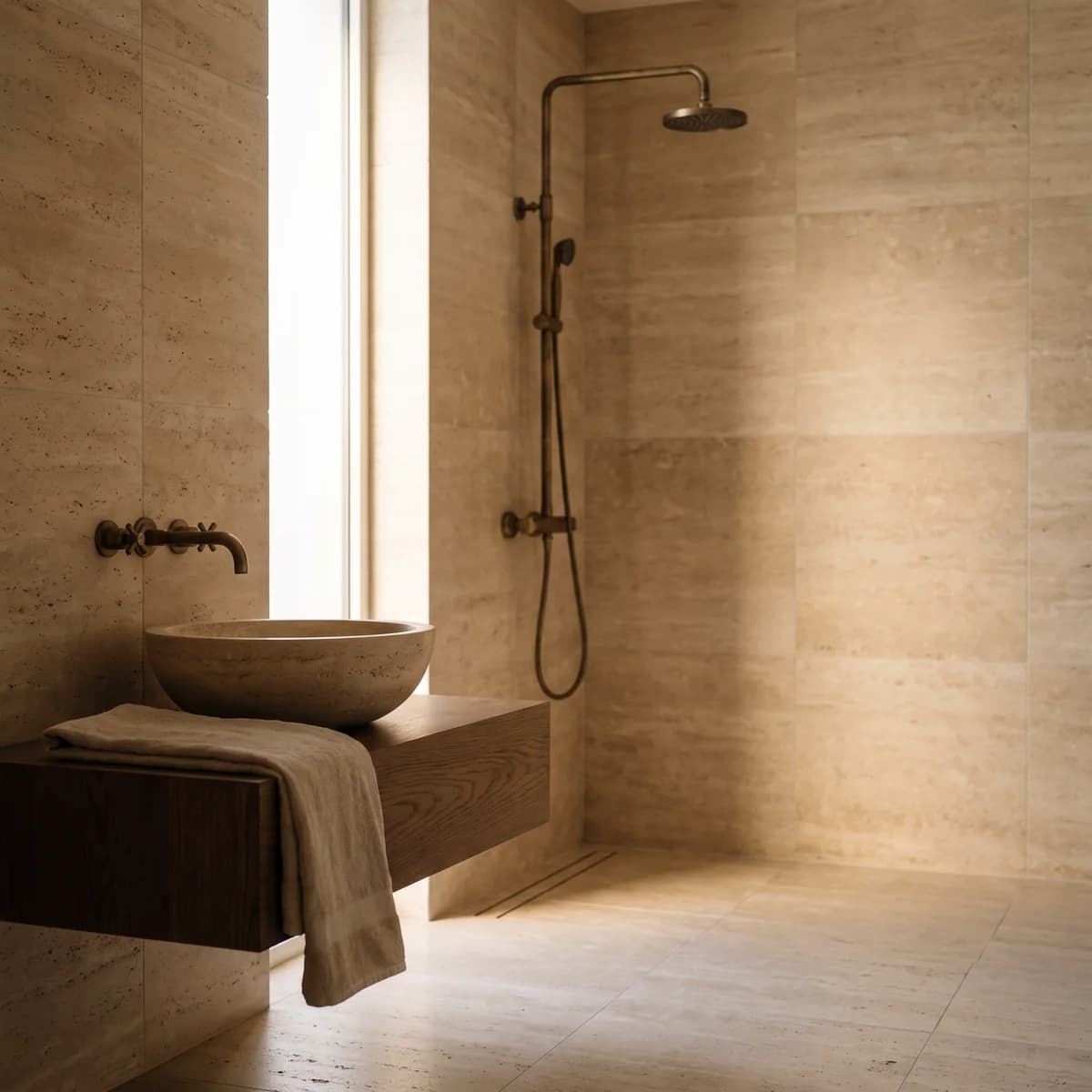 Baño de suite terminado en travertino y grifería de latón, con luz de ventanal.