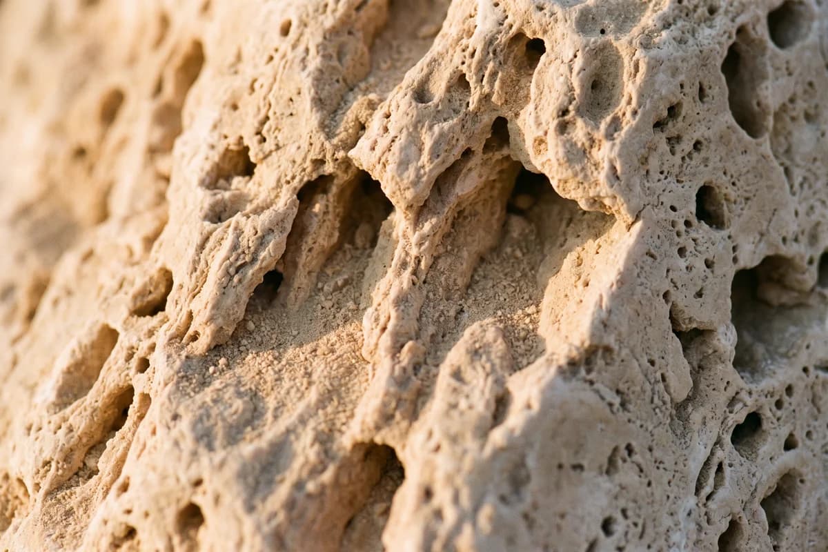 Macro de travertino sin pulir con polvo de piedra y luz rasante.