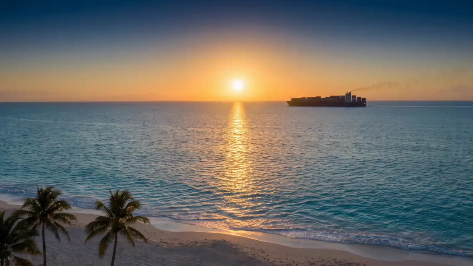 Vista aérea de la costa del Caribe al atardecer, con un buque portacontenedores avanzando en el horizonte.